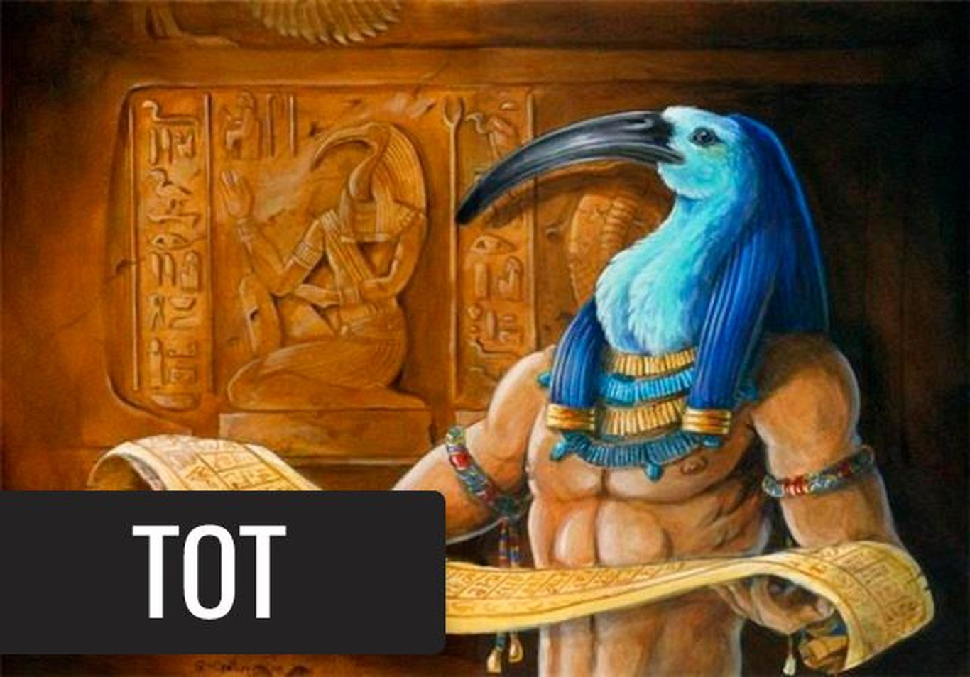 Бог Тот с головой ибиса читает священный свиток на фоне египетских рельефов