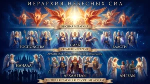Иерархия небесных сил с архангелами, ангелами, началами, властями, силами и господствами