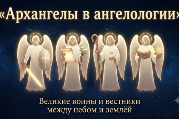 Обложка Архангелы в ангелологии с четырьмя светящимися архангелами и их символами