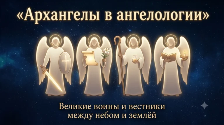 Обложка Архангелы в ангелологии с четырьмя светящимися архангелами и их символами