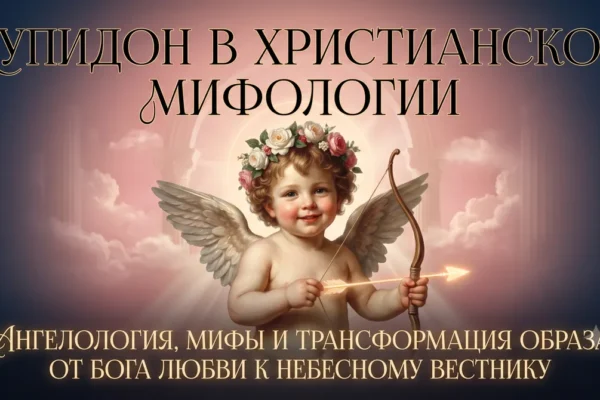 Обложка с текстом Купидон в христианской мифологии и милым ангелочком с луком.