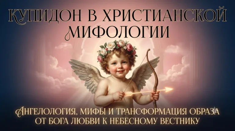 Обложка с текстом Купидон в христианской мифологии и милым ангелочком с луком.