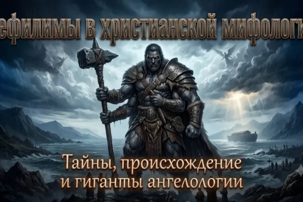 Обложка Нефилимы в христианской мифологии с четырехруким гигантом на фоне Ноева ковчега.