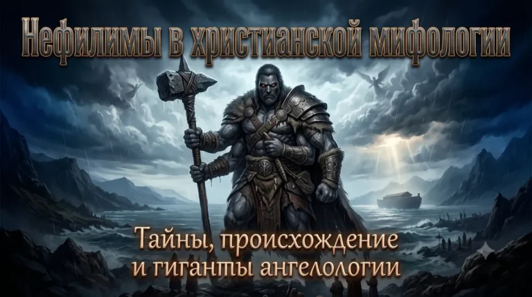 Обложка Нефилимы в христианской мифологии с четырехруким гигантом на фоне Ноева ковчега.