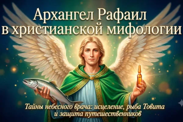 Обложка с надписью Архангел Рафаил в христианской мифологии, держащий рыбу и ампулу.