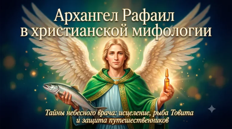 Обложка с надписью Архангел Рафаил в христианской мифологии, держащий рыбу и ампулу.