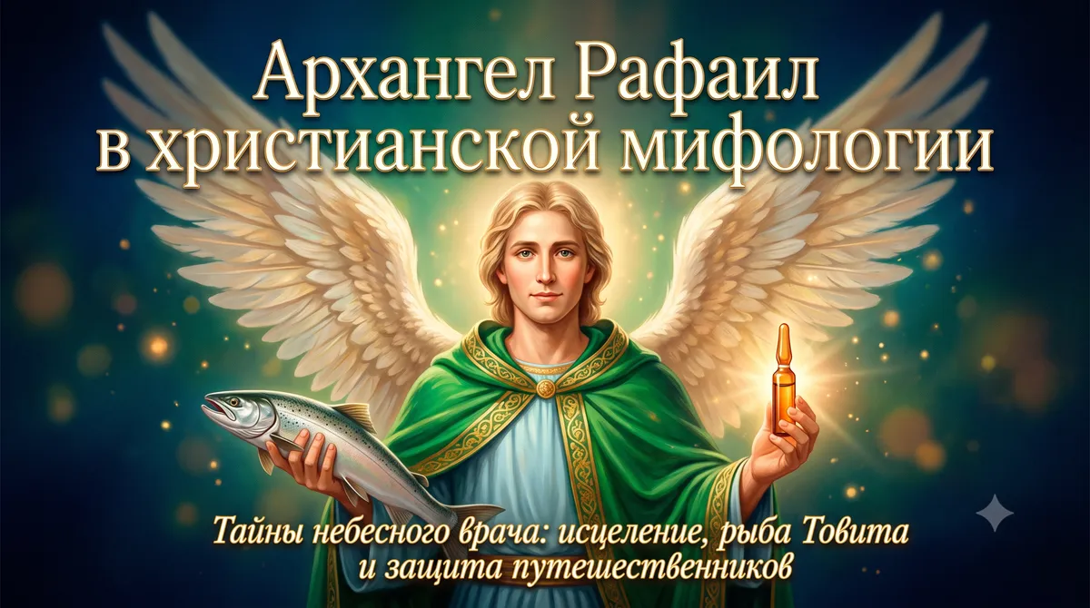 Обложка с надписью Архангел Рафаил в христианской мифологии, держащий рыбу и ампулу.