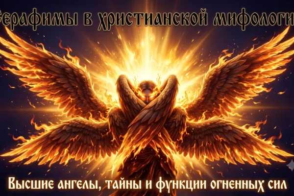 Обложка Серафимы в христианской мифологии с огненным шестикрылым ангелом.
