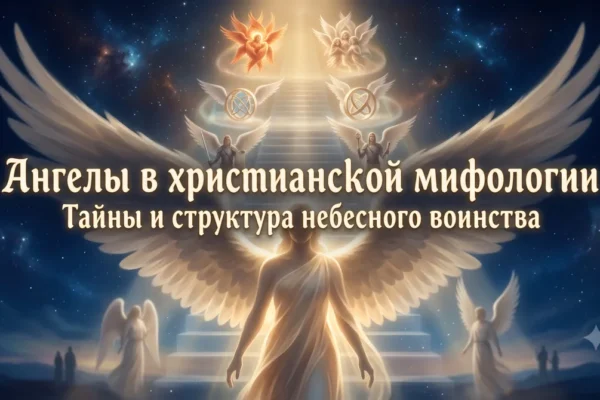 Обложка статьи Ангелы в христианской мифологии с небесной лестницей, крыльями и сияющими ангельскими чинами