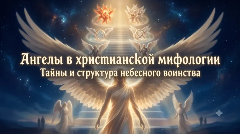 Обложка статьи Ангелы в христианской мифологии с небесной лестницей, крыльями и сияющими ангельскими чинами