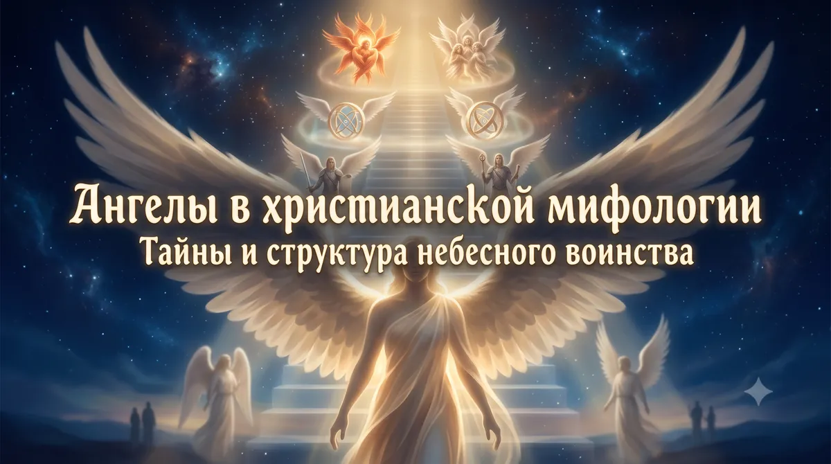 Обложка статьи Ангелы в христианской мифологии с небесной лестницей, крыльями и сияющими ангельскими чинами