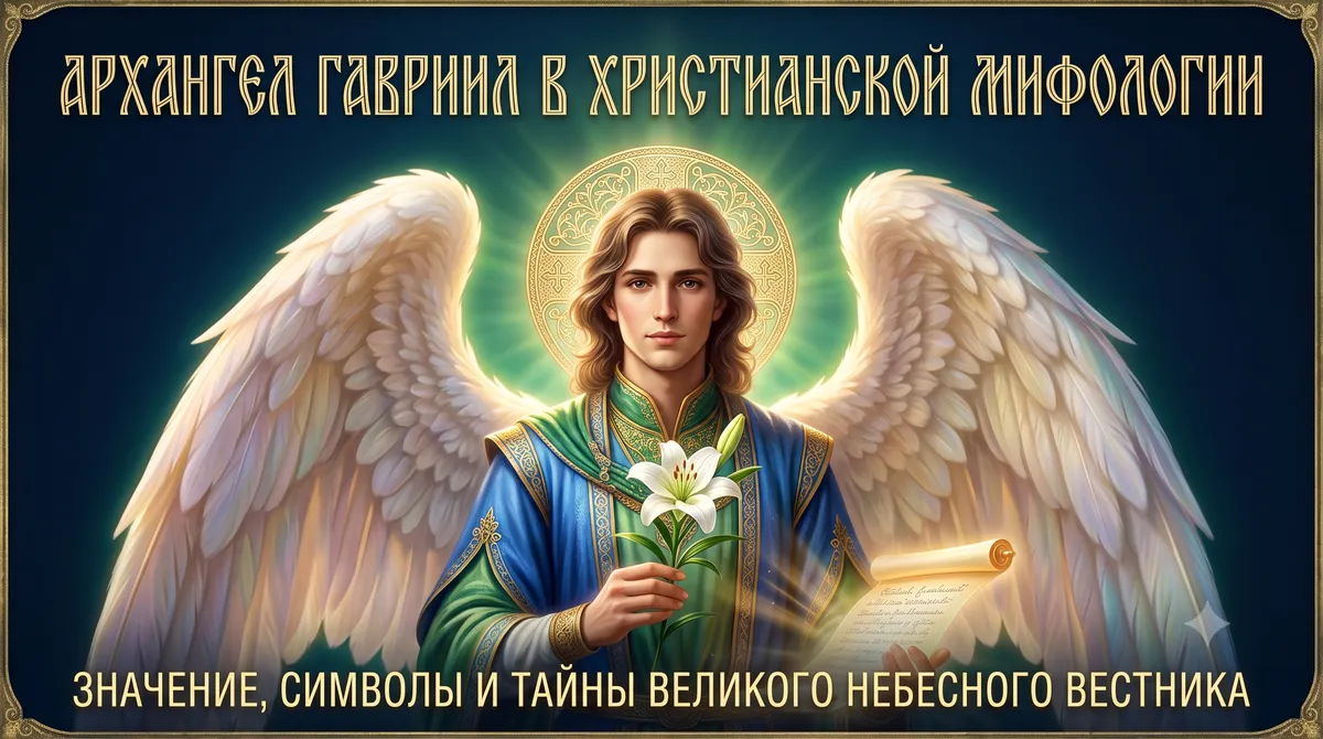 Обложка Архангел Гавриил в христианской мифологии с лилией, свитком и белыми крыльями