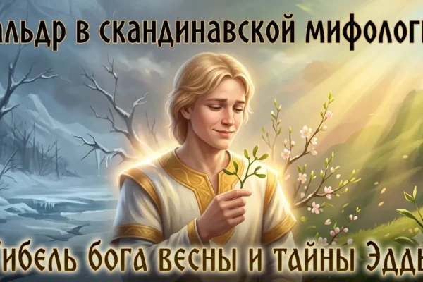 Бальдр с веточкой омелы в руках на фоне текста Бальдр в скандинавской мифологии.