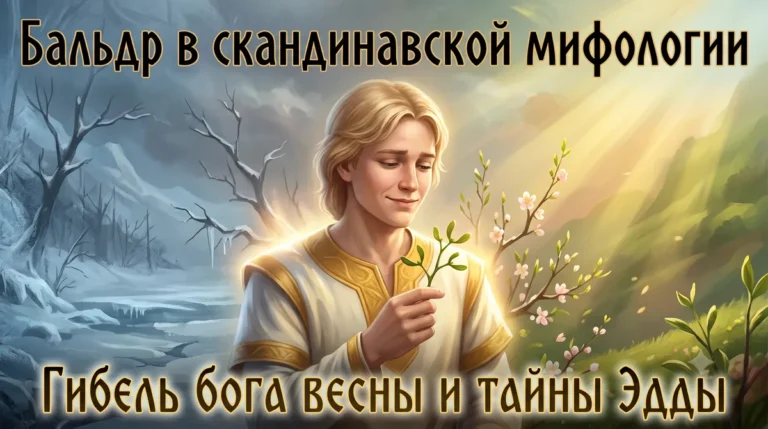 Бальдр с веточкой омелы в руках на фоне текста Бальдр в скандинавской мифологии.