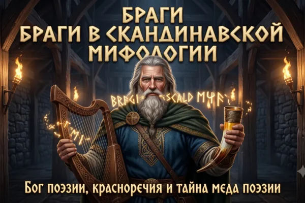 Обложка с Браги, держащим арфу и рог, и надписью Бог поэзии, красноречия и тайна мёда поэзии.