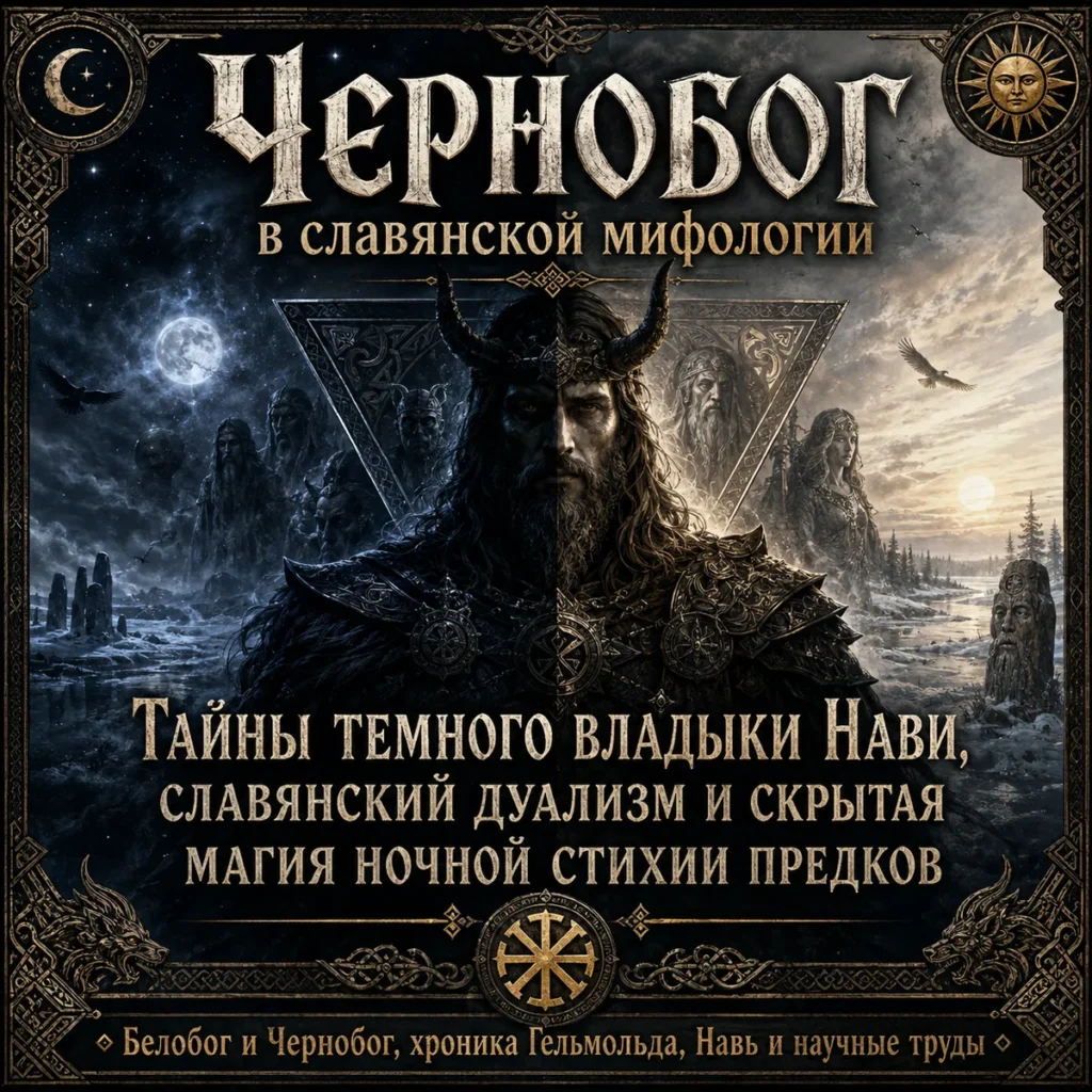 Чернобог — тёмный персонаж славянской мифологии на фоне ночи, луны, зимнего леса и древних идолов