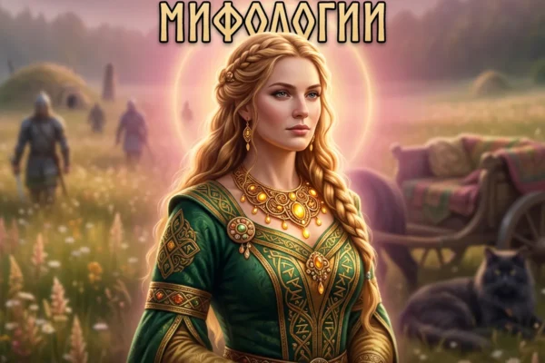 Обложка с Фрейрой, ожерельем Брисингамен и кошкой на фоне текста Фрейя в скандинавской мифологии.