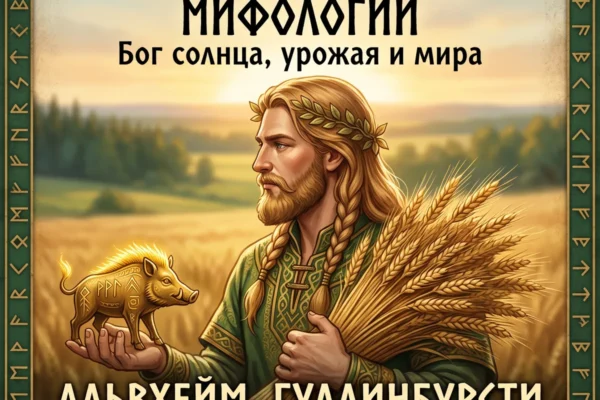 Обложка с Фрейром, пшеницей и золотой статуэткой Гуллинбурсти и текстом Фрейр в скандинавской мифологии.