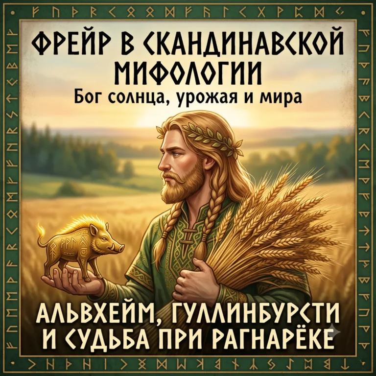 Обложка с Фрейром, пшеницей и золотой статуэткой Гуллинбурсти и текстом Фрейр в скандинавской мифологии.