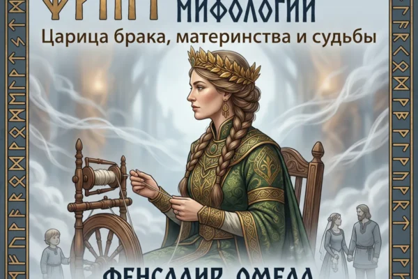 Обложка с портретом Фригг за прялкой и текстом Фригг в скандинавской мифологии.