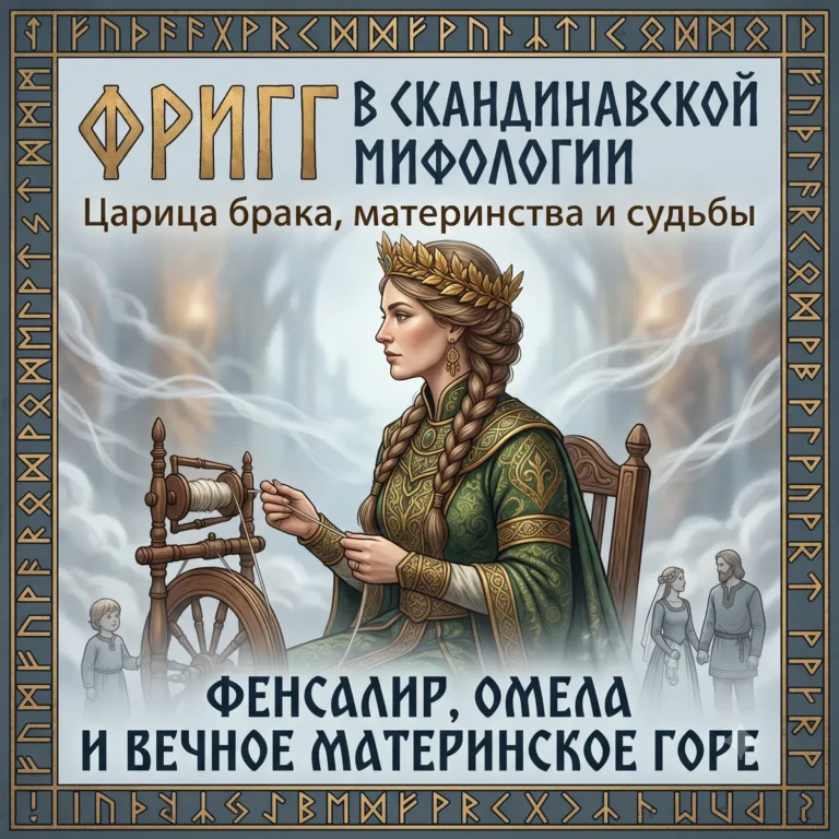 Обложка с портретом Фригг за прялкой и текстом Фригг в скандинавской мифологии.