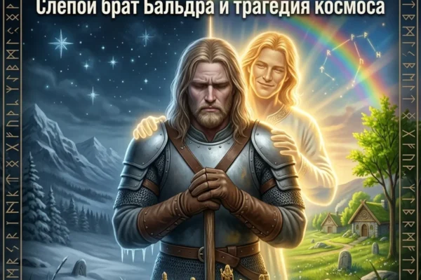 Обложка с молящимся Хёдом, за спиной которого стоит дух Бальдра, и текстом Хёд в скандинавской мифологии.