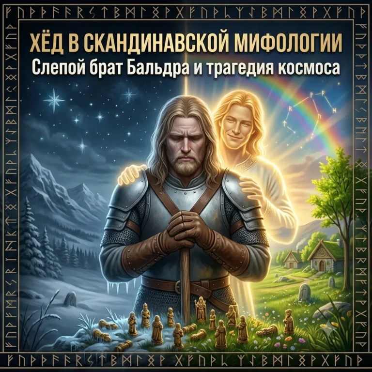 Обложка с молящимся Хёдом, за спиной которого стоит дух Бальдра, и текстом Хёд в скандинавской мифологии.