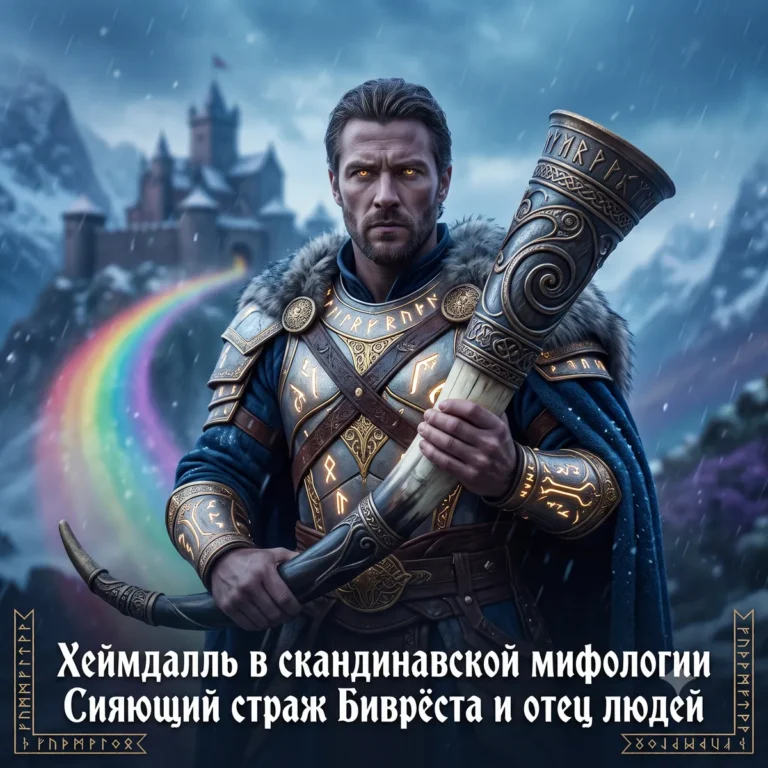 Обложка с Хеймдаллем, держащим рог Гьяллархорн, и текстом Хеймдалль в скандинавской мифологии.