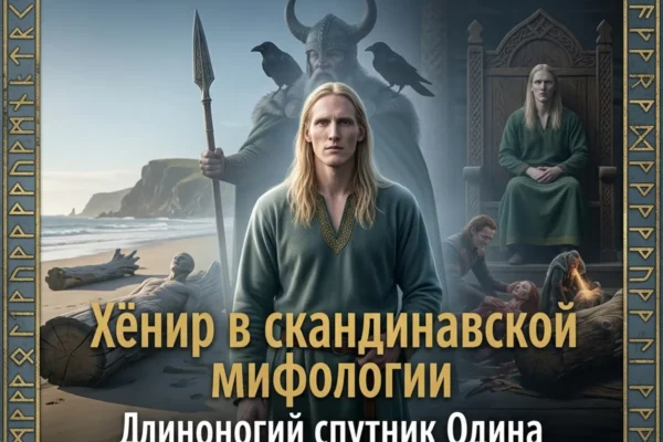 Обложка с портретом Хёнира, Одина на берегу и текстом Хёнир в скандинавской мифологии.