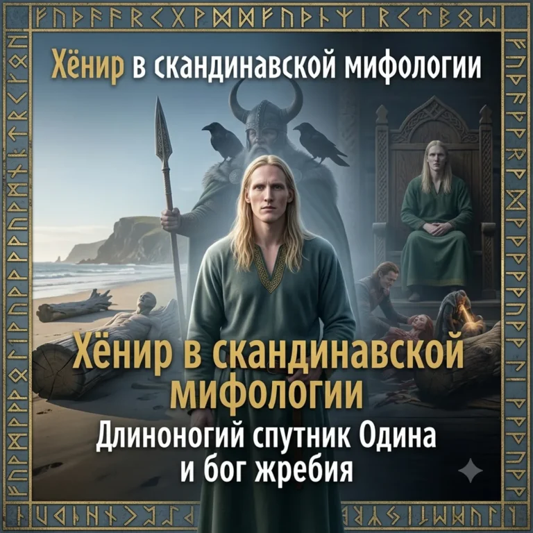 Обложка с портретом Хёнира, Одина на берегу и текстом Хёнир в скандинавской мифологии.