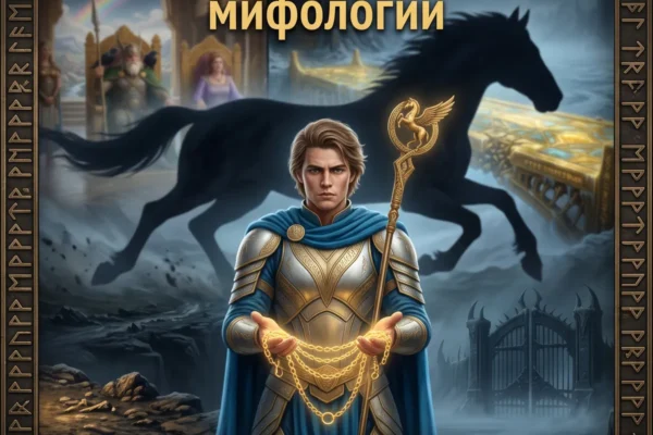 Постер с Хермодом, держащим кольцо Драупнир, на фоне силуэта Слейпнира и ворот Хельхейма.