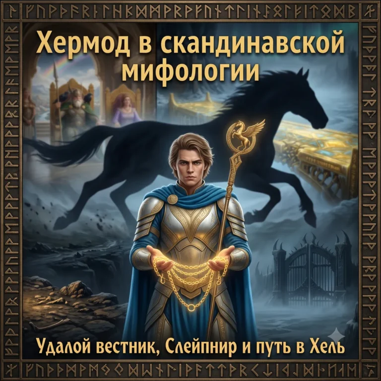 Постер с Хермодом, держащим кольцо Драупнир, на фоне силуэта Слейпнира и ворот Хельхейма.