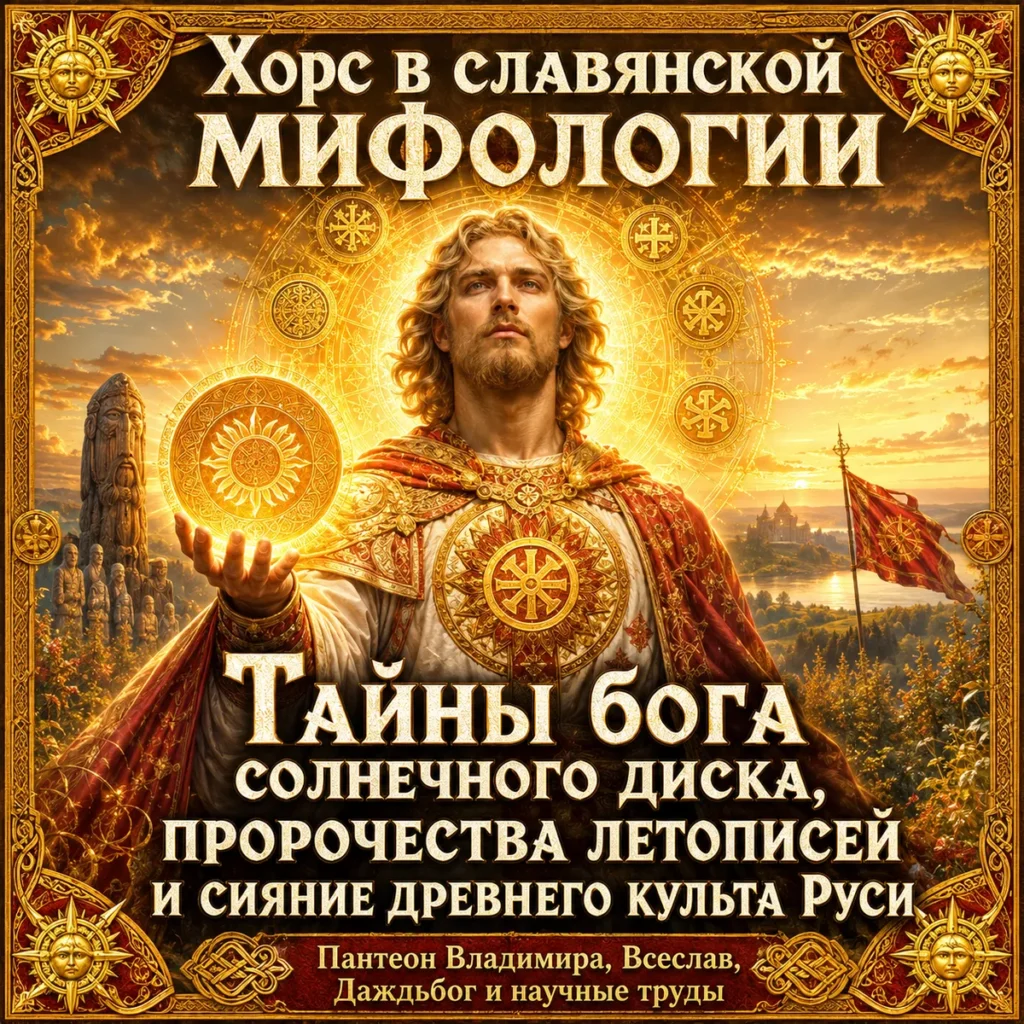 Хорс — славянский бог солнечного диска с сияющим символом солнца на фоне древней Руси