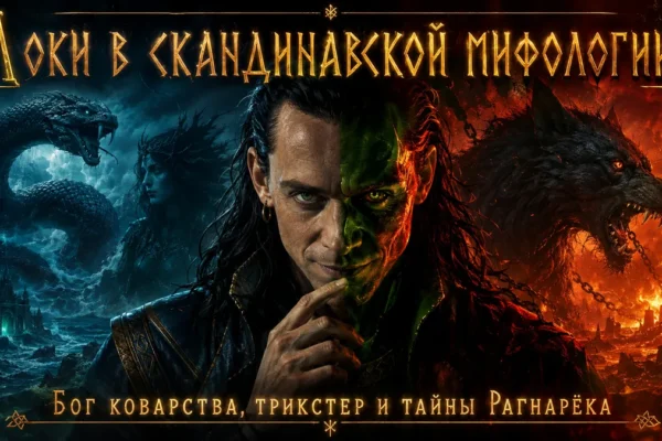 Обложка с двойственным лицом Локи на фоне Йормунганда, Хель и Фенрира с надписью Бог коварства.