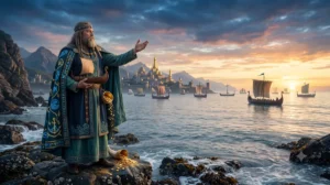 Бог морей Ньёрд с кораблём в руках и рогом изобилия на берегу моря.