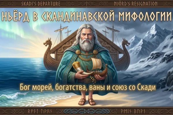 Обложка с Ньёрдом на фоне корабля и гор с надписью Бог морей, богатства, ваны и союз со Скади.