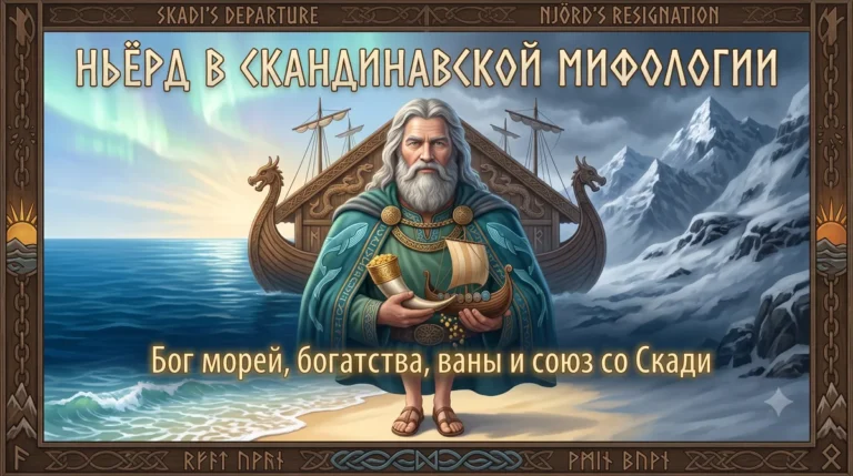 Обложка с Ньёрдом на фоне корабля и гор с надписью Бог морей, богатства, ваны и союз со Скади.