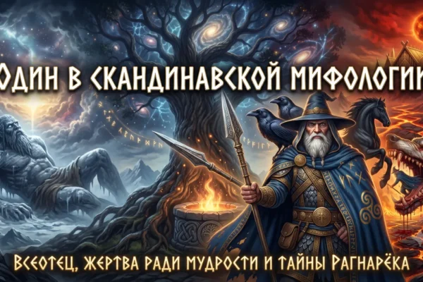 Обложка с Одином в синем плаще с копьём на фоне Иггдрасиля, Имира и волка Фенрира.
