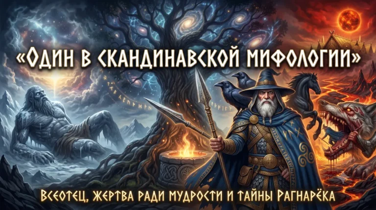 Обложка с Одином в синем плаще с копьём на фоне Иггдрасиля, Имира и волка Фенрира.