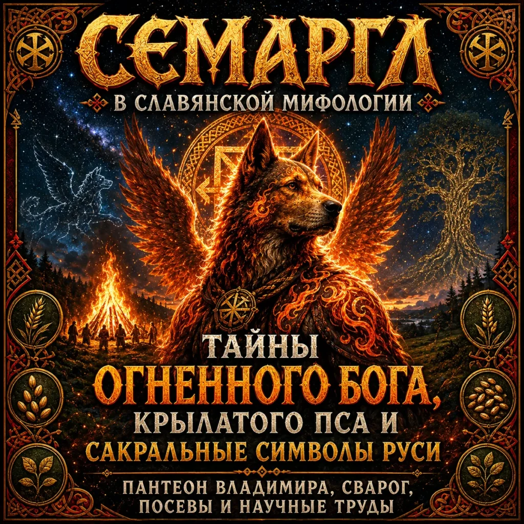 Семаргл — крылатый огненный пёс славянской мифологии на фоне костра, звёзд и символов плодородия
