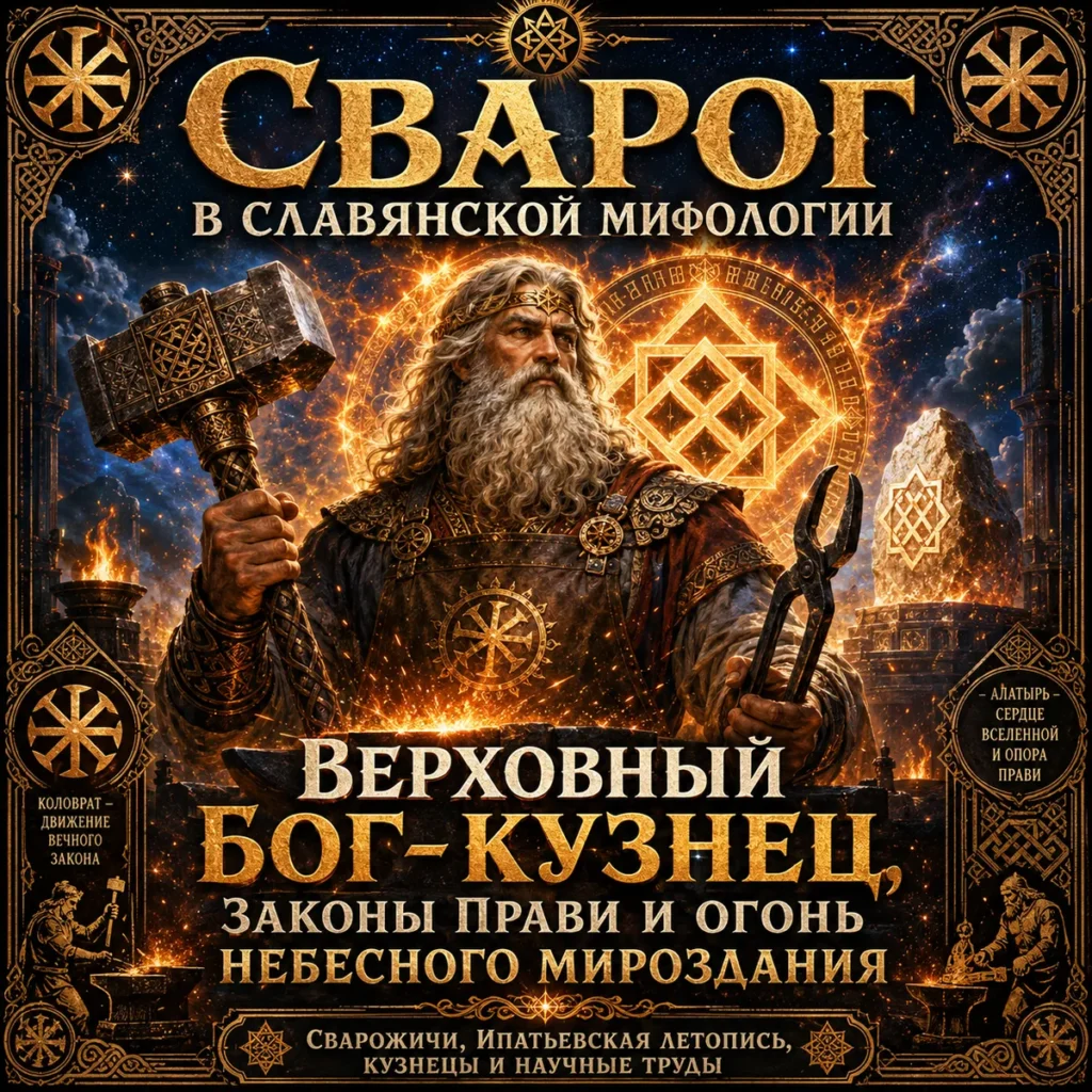 Сварог — славянский бог-кузнец с молотом и кузнечными клещами на фоне огня и сакральных символов