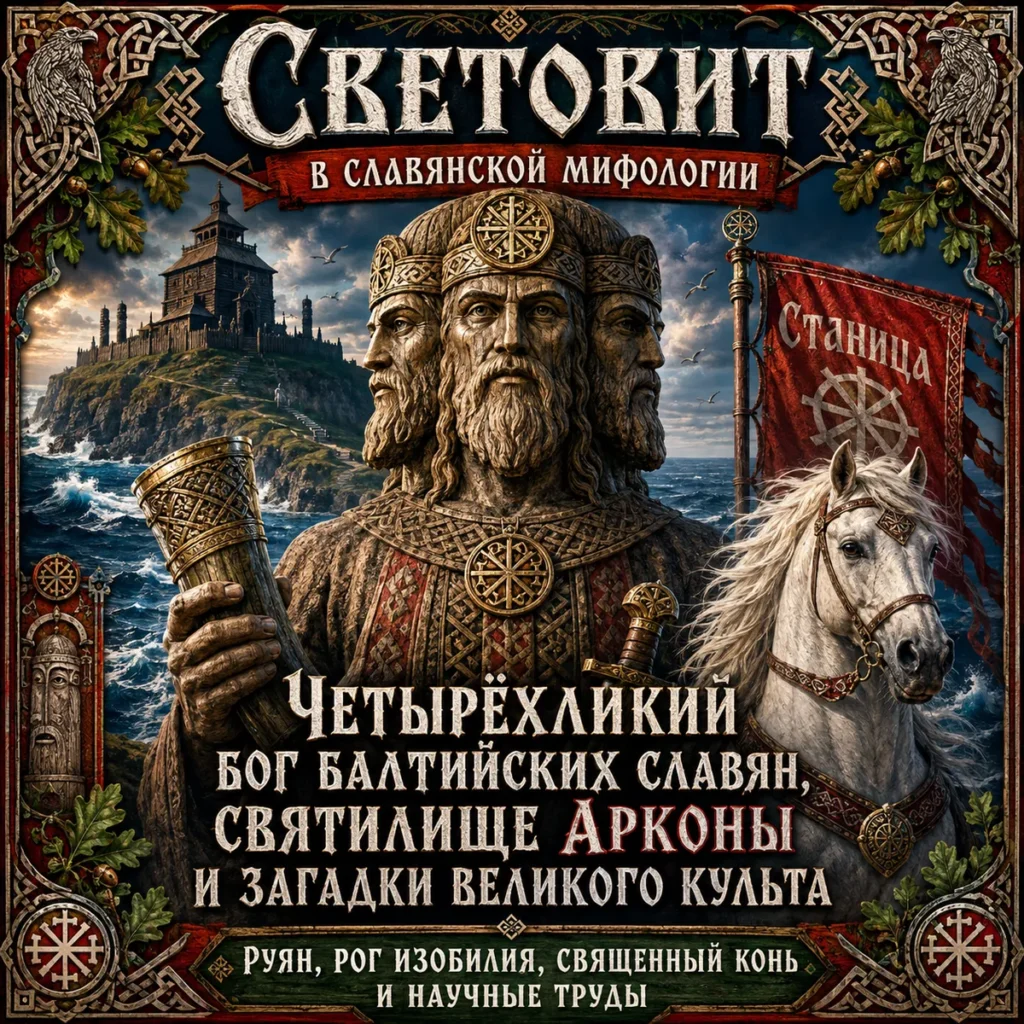 Световит — четырёхликий бог балтийских славян с рогом, белым конём и святилищем Арконы
