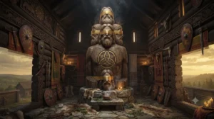 Триглав — трёхликий славянский бог с закрытыми глазами в древнем деревянном святилище