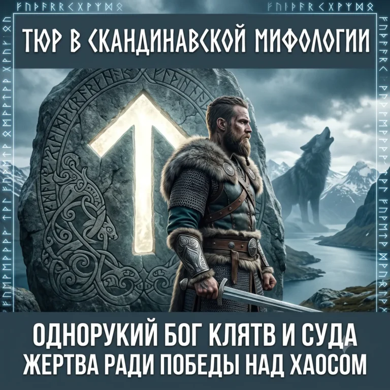 Постер с Тюром у стелы с руной Тейваз и воющим волком на фоне гор.