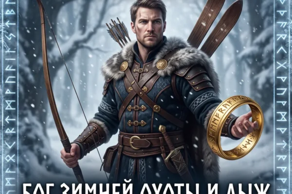 Постер с Уллем, держащим лук и золотое кольцо клятв, на фоне зимнего леса.