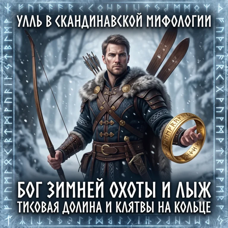 Постер с Уллем, держащим лук и золотое кольцо клятв, на фоне зимнего леса.