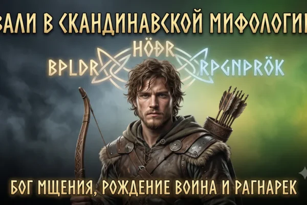 Постер с богом Вали и текстом Вали в скандинавской мифологии: Бог мщения, рождение воина и Рагнарёк.