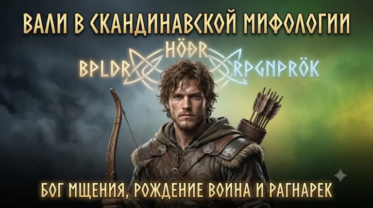 Постер с богом Вали и текстом Вали в скандинавской мифологии: Бог мщения, рождение воина и Рагнарёк.