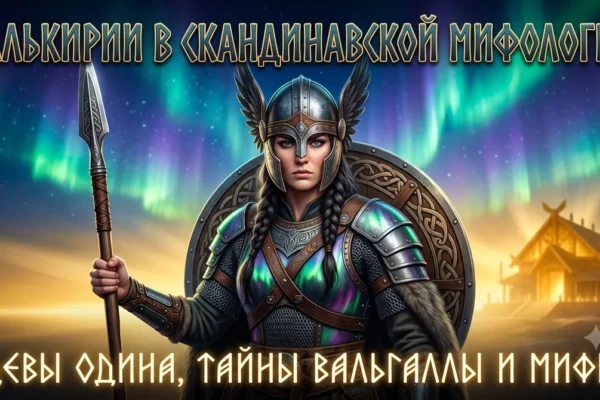 Обложка с валькирией в крылатом шлеме и текстом Валькирии в скандинавской мифологии.