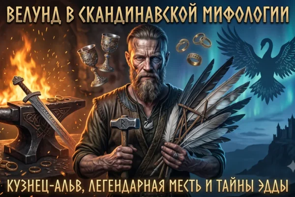 Баннер с Велундом, держащим связку перьев и молот, на фоне кузницы и ночного неба.